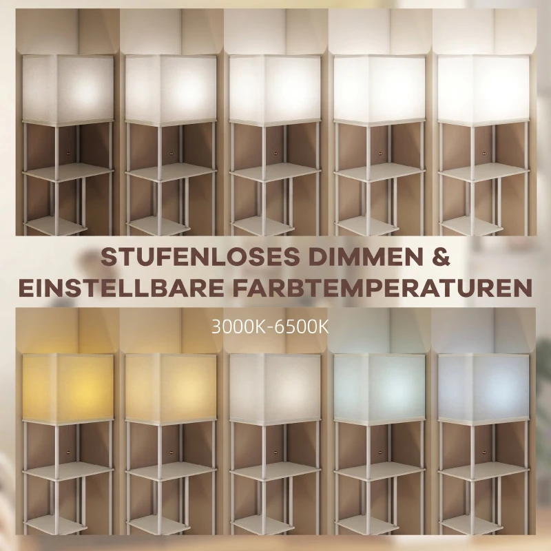 HOMCOM Stehlampe Stehleuchte mit Regalen, einstellbare Helligkeit & Farbtemperatur für Schlafzimmer, Büro, Wohnzimmer, Weiß