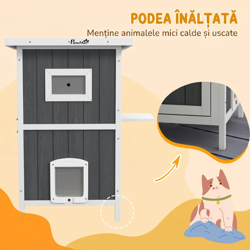Pawhut Casa Exterior Pisici – 2 Niveluri, Lemn Natural Rezistent