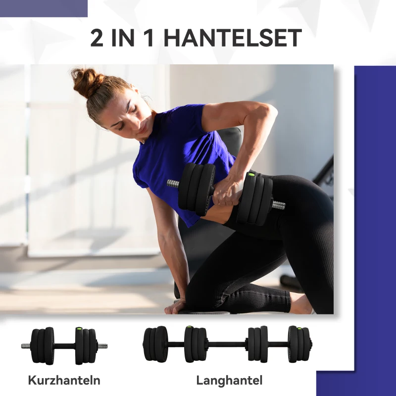 SPORTNOW 2-in-1 halterset, lange & korte halter, 20 kg, antislip, bodembeschermend, zwart/groen
