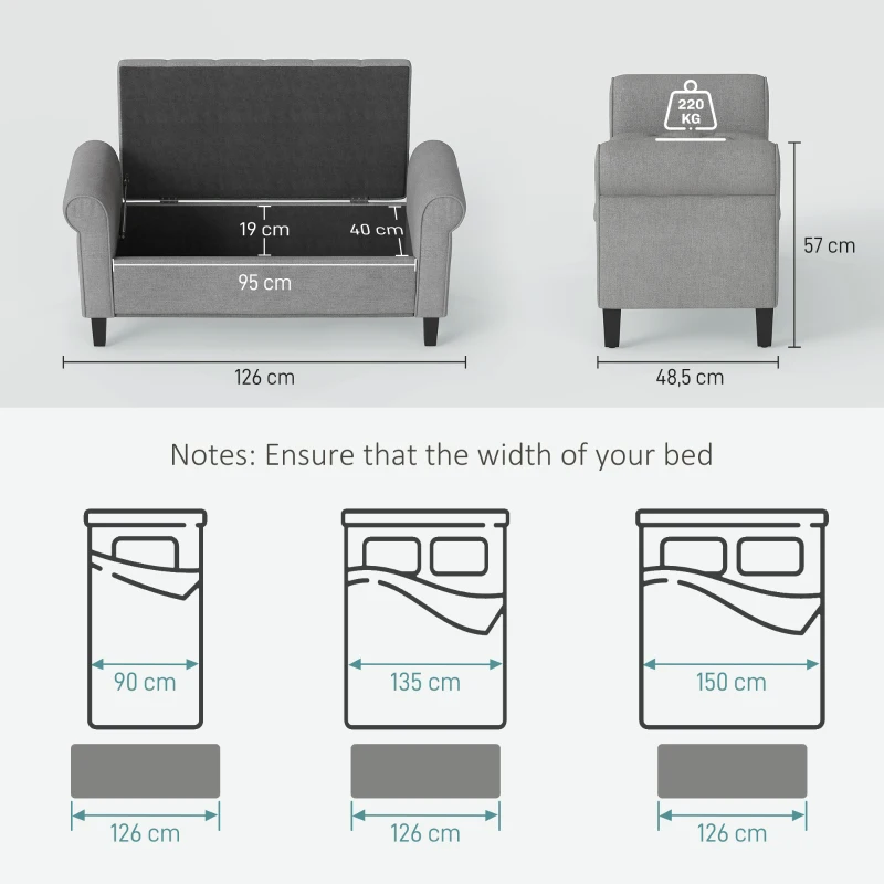 HOMCOM Panca Fondo Letto in Tessuto Effetto Velluto con Contenitore e Braccioli Arrotolati, Grigio Chiaro
