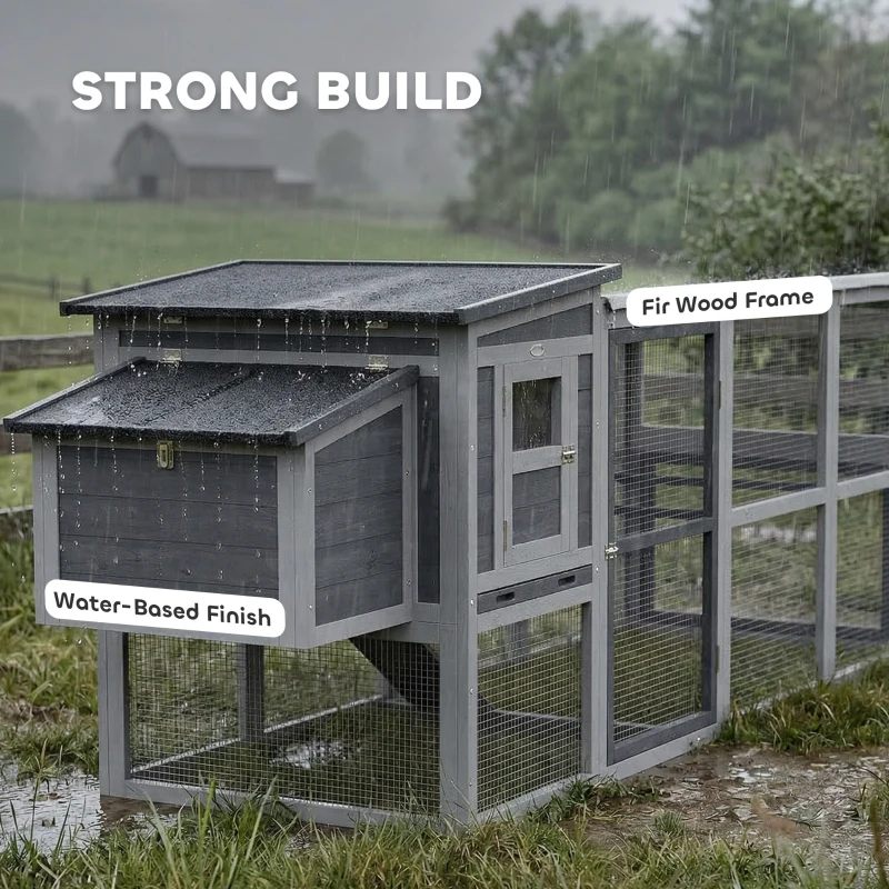 PawHut Large Chicken Coop, Wooden Hen House with Covered Run, Nesting Box, Pull-Out Tray, Opening Asphalt Roof, Grey
