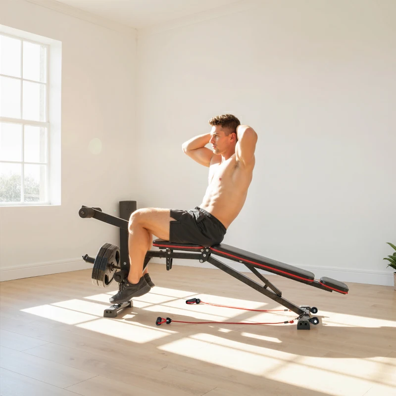 SPORTNOW Verstelbare halterbank tot 300 kg 3-in-1 trainingsbank met wieltjes Beentrainer Curlbank hoofdsteun weerstandsbanden