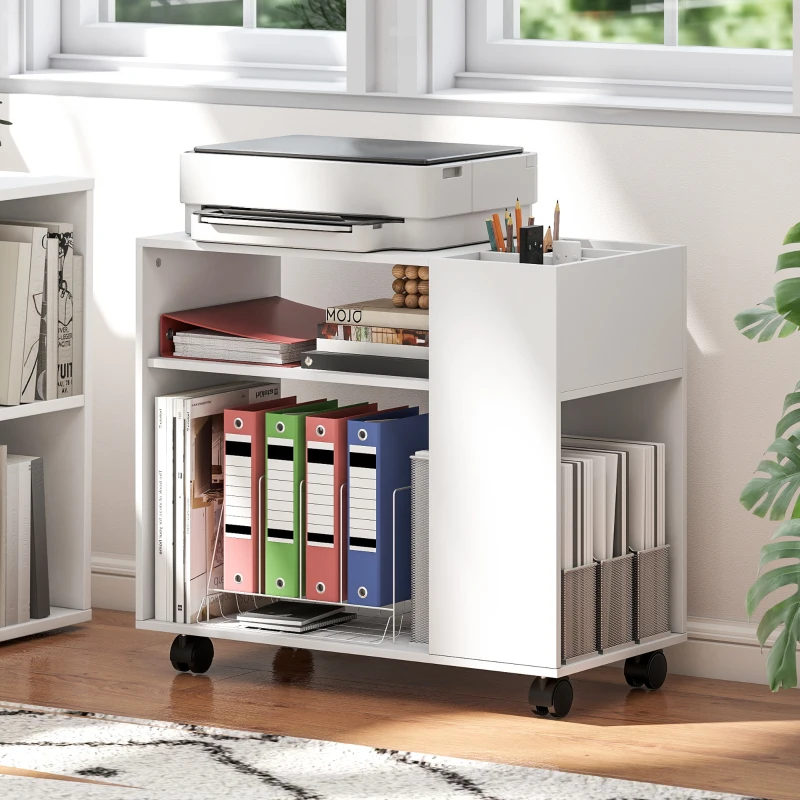 HOMCOM Druckerständer Druckertisch mit Unterteiltem Fach, Ablageflächen für Büro 70 x 34 x 60 cm Weiß