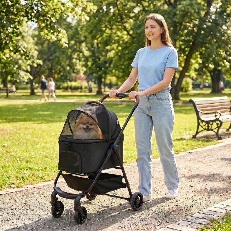 PawHut Dog Stroller, 3 in 1 Foldable Pet Stroller for Small Puppy Cat with Detachable Travel Carrier, Storage Basket, Black