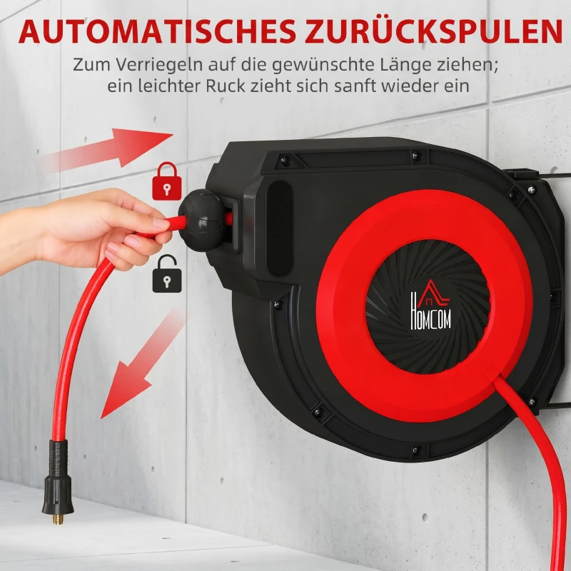 HOMCOM Slanghaspel met terugtrekmechanisme, 16,5 m lange slang, wandmontage, Rood+Zwart