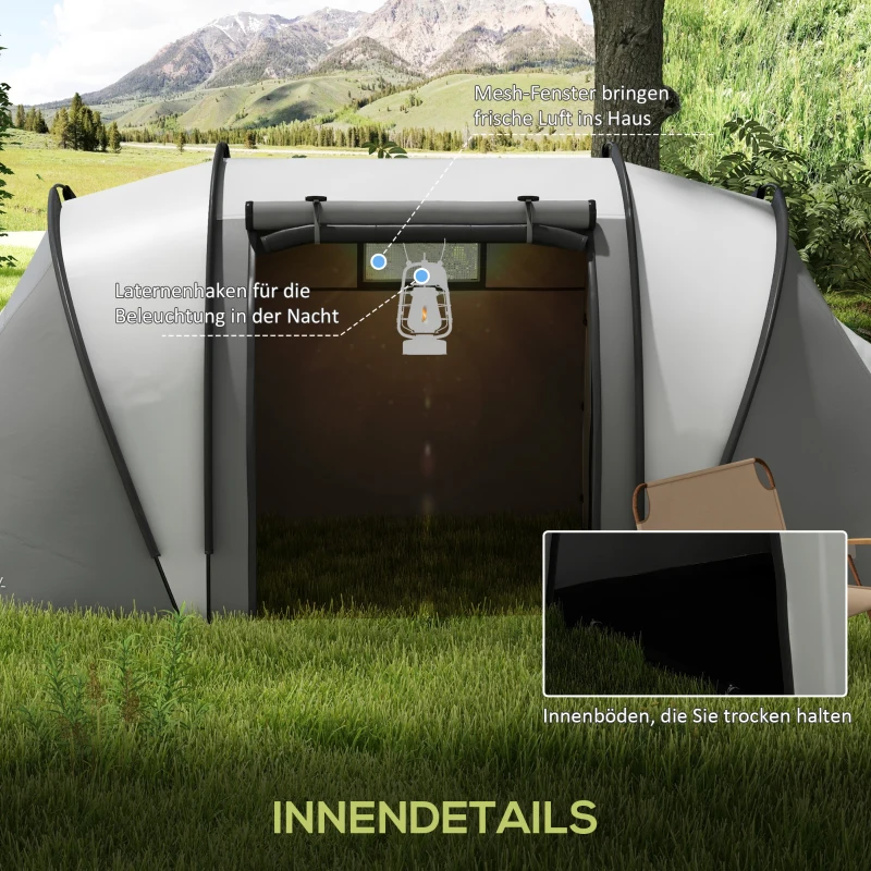 Outsunny Waterafstotende Kampeertent voor 4-5 Personen met 3 Kamers, Zijdeur, en Vensters in Grijs