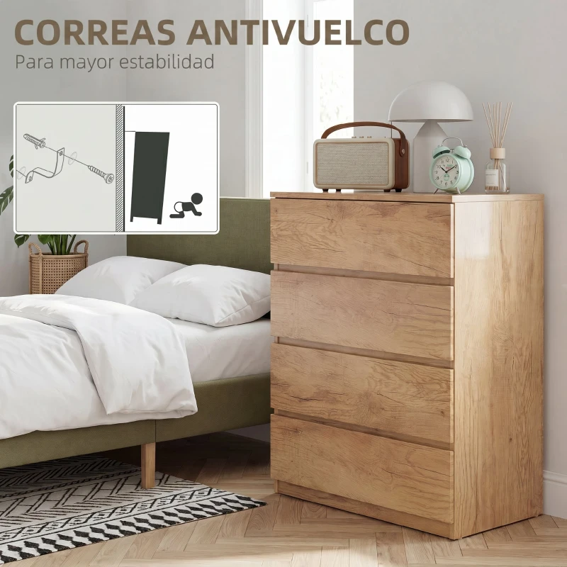 HOMCOM Cómoda 4 Cajones para Dormitorio Moderna Diseño sin Tiradores para Comedor Entrada 60x40x80 cm Madera Natural