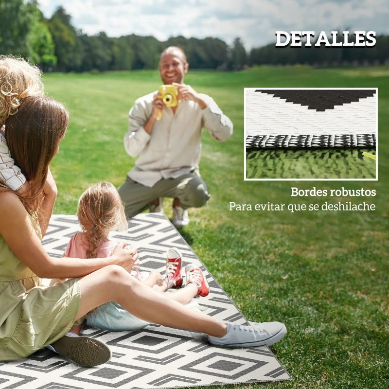 Outsunny Alfombra de Exterior Reversible 182x274 cm con Patrón Geométrico Impermeable con Bolsa Blanco y Negro