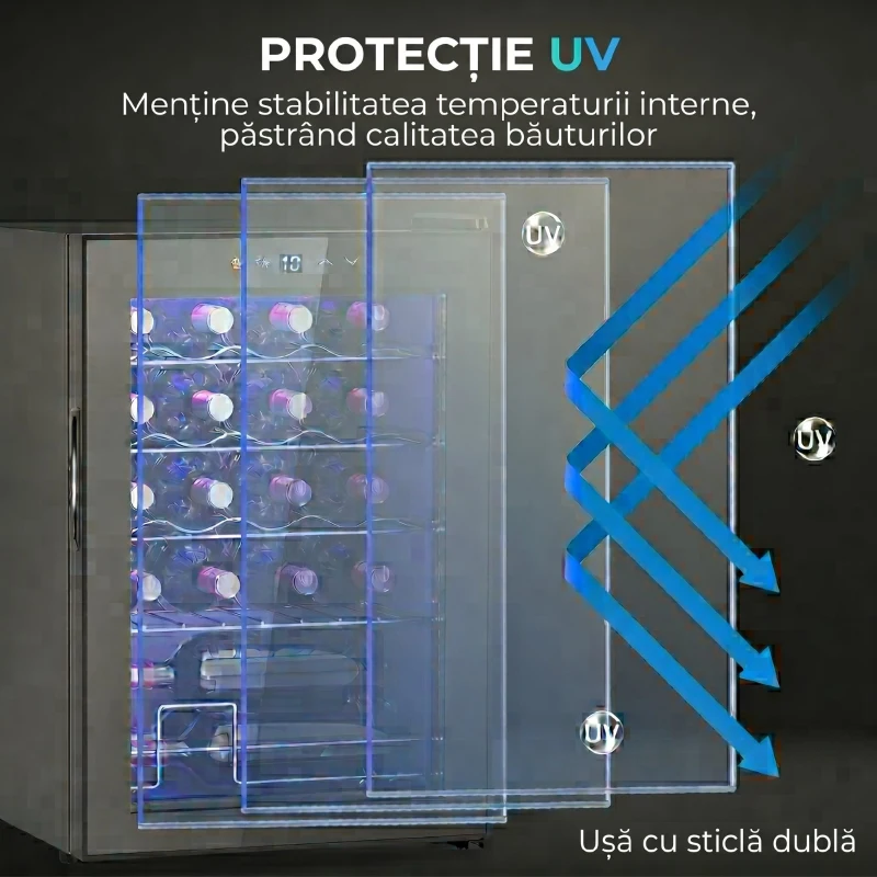 HOMCOM Cantină Frigorifică pentru 20 de Sticle, Capacitate 53L, Ușă Anti-UV și Rafturi Reglabile, Negru
