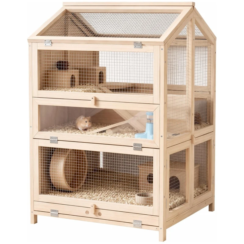 PawHut Hamsterkäfig aus Holz 3 Etagen Nagerkäfig Kleintierkäfig mit Hütten Wippen Rampen Wasserschalen 68x61,5x90 cm Naturholz