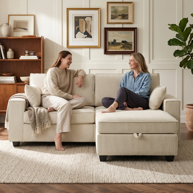 HOMCOM Ecksofa 216 cm 3-Sitzer L-Form Sofa mit Umkehrbarem Aufbwahrungshocker, Cord-Optik, Breiter Sitzfläche, für Wohnzimmer