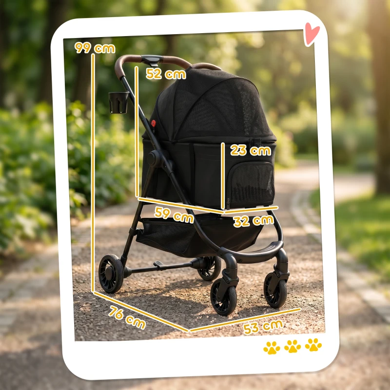 PawHut Dog Stroller, 3 in 1 Foldable Pet Stroller for Small Puppy Cat with Detachable Travel Carrier, Storage Basket, Black