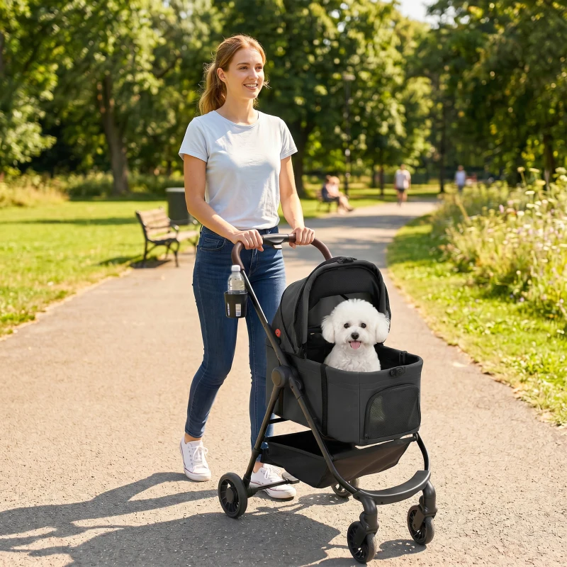 PawHut Dog Stroller, 3 in 1 Foldable Pet Stroller for Small Puppy Cat with Detachable Travel Carrier, Storage Basket, Black