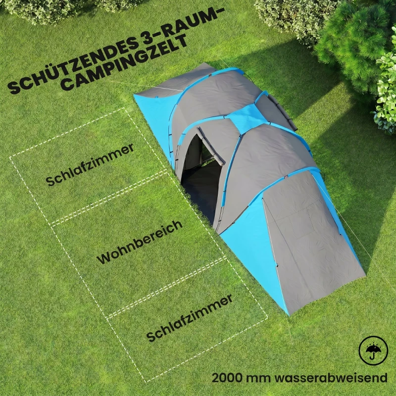 Outsunny Tunnelzelt, 2000mm Wasserabweisend Campingzelt für 4 Personen, mit 2 Schlafzimmern Wohnbereich Tragetasche Grau+Blau