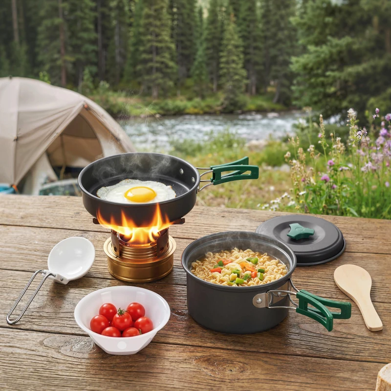Outsunny Camping Kookset 8-delige Outdoor Servies Set met Anti-verbrandingsgrepen, snel verwarmende pan, koekenpan Grijs