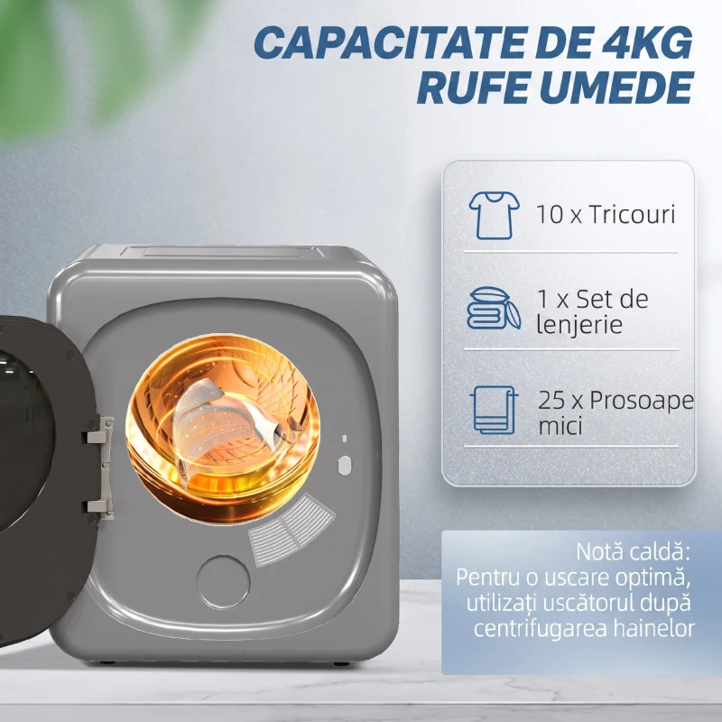 HOMCOM Uscător de Rufe cu Capacitate de 4kg, cu Temporizator, Încărcare Frontală, Argintiu