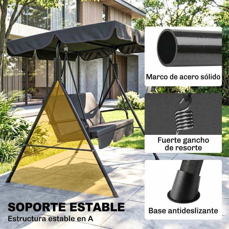 Outsunny Balancín de Jardín con Techo Ajustable en Ángulo Carga Máx. 200 kg Acero 172x110x153 cm Negro