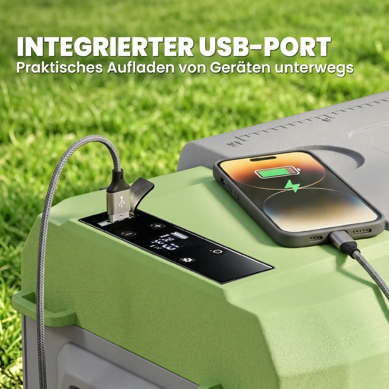 Outsunny 24,2 liter campingkoelkast, autokoelkast, koelbox met LED-licht, AC- en DC-adapter, stille werking, Grijs+Groen