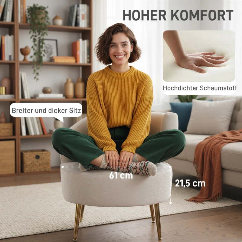 HOMCOM Loungefauteuil van chenille met schuine rugleuning en goudkleurige stalen poten voor woonkamer, crèmewit