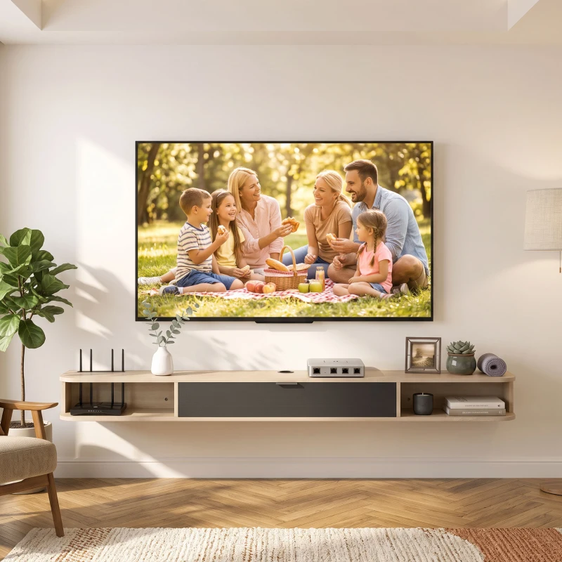 HOMCOM Wandhängendes TV‑Möbel, TV‑Möbel für Fernseher bis zu 190,5 cm, Klappschublade, 2 Regalböden 180x24x16cm natürliche Holzoptik