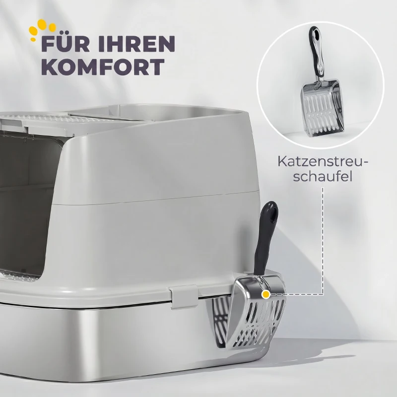 PawHut Roestvrijstalen kattenbak, gesloten met schep, geurzak, voor katten