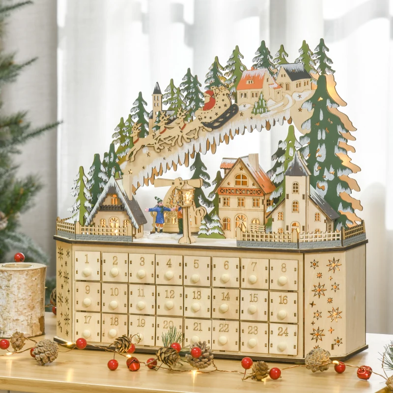 HOMCOM Adventskalender Weichnachtsdekoration Weihnachtsdeko, 24 Schubladen, LED-Lichter, 39 cm x 9 cm x 42 cm, Weiß + Grün