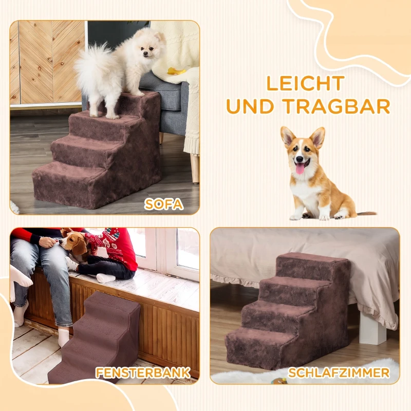 PawHut Hundetreppe 4-Stufig Abnehmbarer Bezug Für Kleine Hunde 44 cm Braun