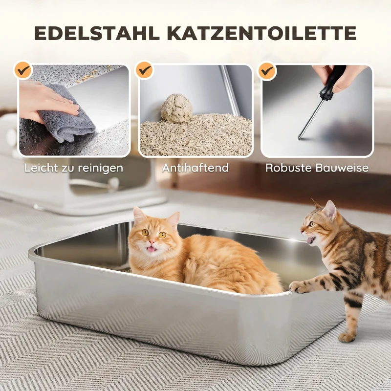 PawHut XXL kattenbak van roestvrij staal met deksel, 72 l, voor grote katten en meerdere katten, met dubbele deuren, schep, opstap en lekvrij ontwerp