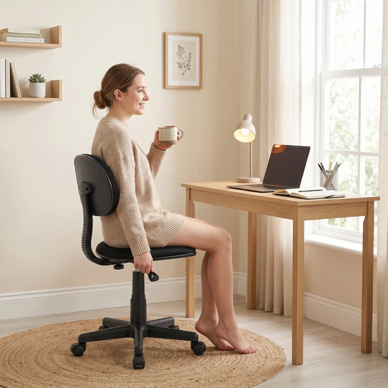 HOMCOM Fauteuil de bureau sans accoudoirs, réglable en hauteur, avec roulettes 360°, dossier bas, Noir