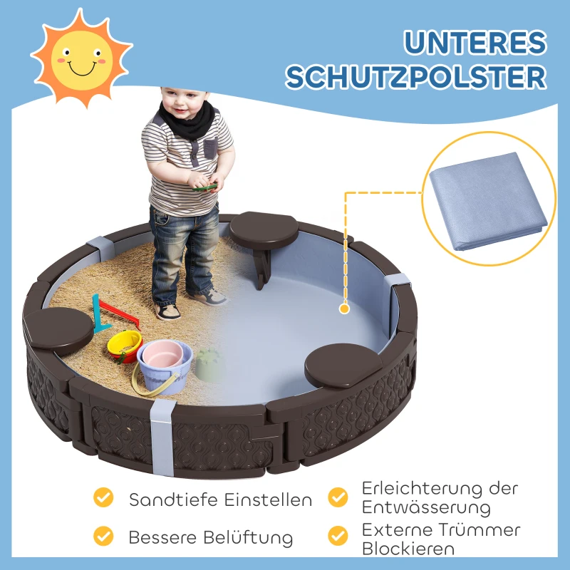 AIYAPLAY Zandbak, ronde zandbak voor tot 3 kinderen, met 3 zitplaatsen, waterdichte onderlaag, beschermhoes, 300 kg zand(m-5)