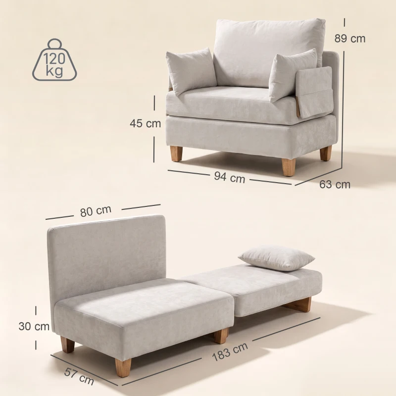 HOMCOM Schlafsessel Einzelbett 2-in-1 Klappbar mit Kissen, Platzsparend Leinen-Velours, Creme