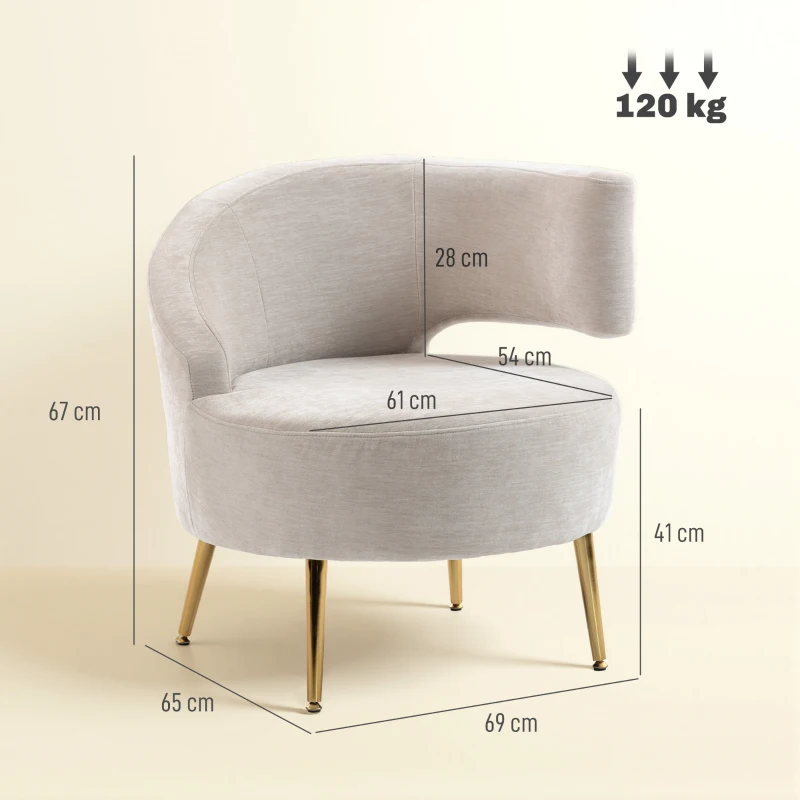 HOMCOM Loungefauteuil van chenille met schuine rugleuning en goudkleurige stalen poten voor woonkamer, crèmewit