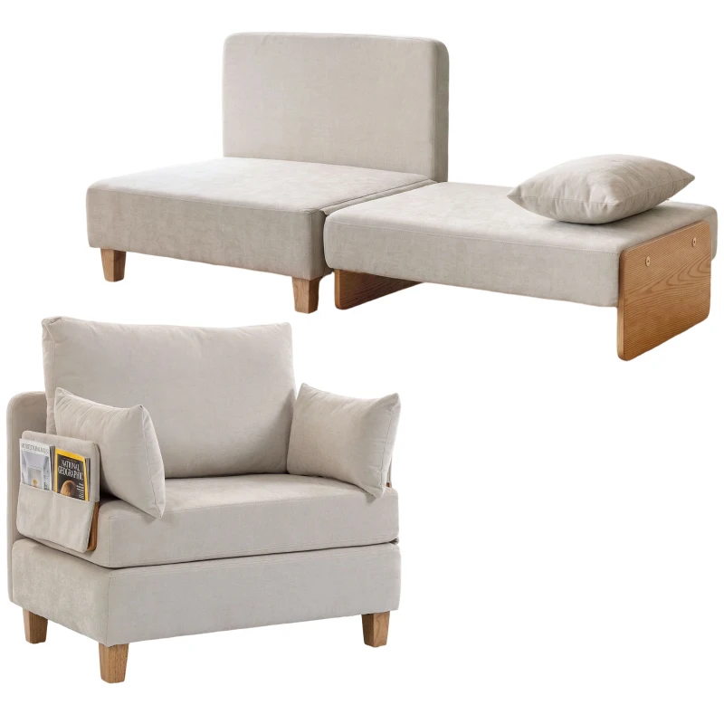 HOMCOM Schlafsessel Einzelbett 2-in-1 Klappbar mit Kissen, Platzsparend Leinen-Velours, Creme