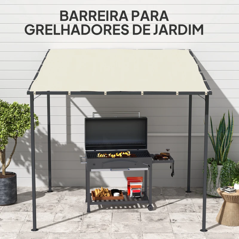 Outsunny Pérgola de Parede 2,4x2,4 m Pérgola de Jardim com Teto Inclinado Proteção UV 30+ Impermeável e Estrutura de Metal Creme