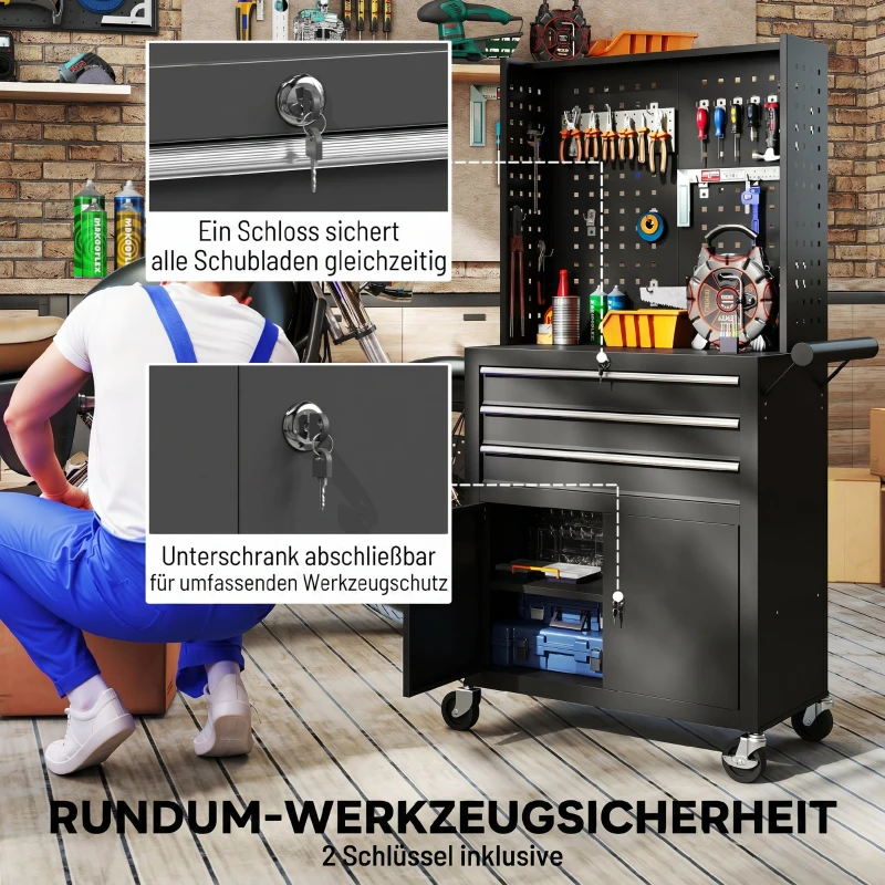 HOMCOM Werkzeugschrank Werkzeugkasten auf Rollen mit Lochplatte, 3 Schubladen für Garage und Werkstatt, Schwarz