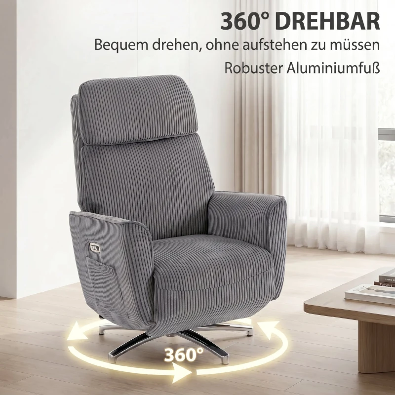 HOMCOM Relaxsessel Elektrisch Verstellbar Fernsessel mit Liegefunktion, 2 Motoren Drehbar TV Sessel mit USB-Anschluss