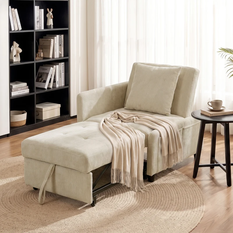 HOMCOM Schlafsessel für 1 Person, 4‑in‑1 Klick-Klack Schlafsessel gepolstert mit Chenille, verstellbare Rückenlehne, breite Sitzfläche, Beige