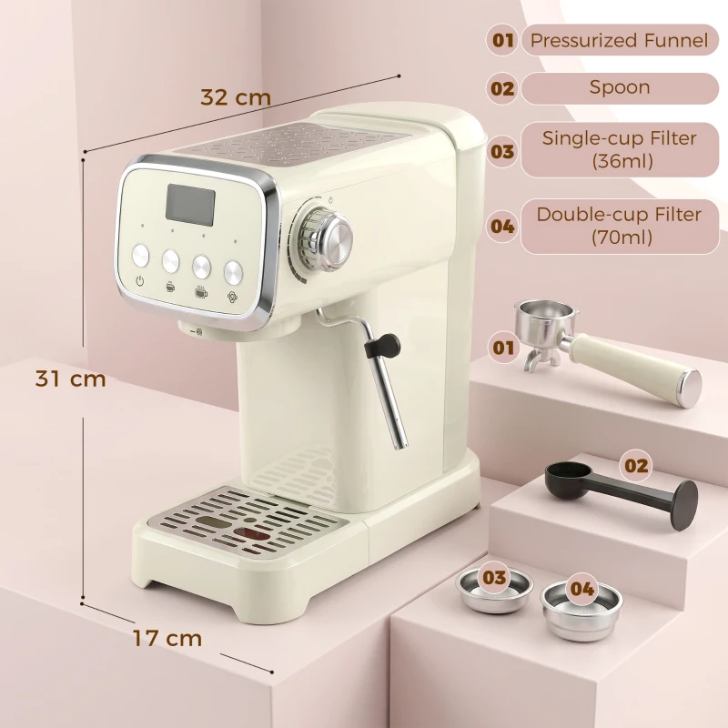 HOMCOM Piston-espressomachine 20 Bar met melkopschuimer en 1,2L afneembare watertank voor Espresso