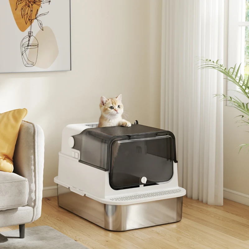 PawHut XXL kattenbak van roestvrij staal met deksel, 72 l, voor grote katten en meerdere katten, met dubbele deuren, schep, opstap en lekvrij ontwerp
