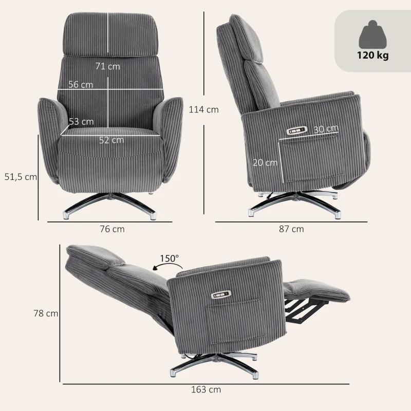 HOMCOM Relaxsessel Elektrisch Verstellbar Fernsessel mit Liegefunktion, 2 Motoren Drehbar TV Sessel mit USB-Anschluss