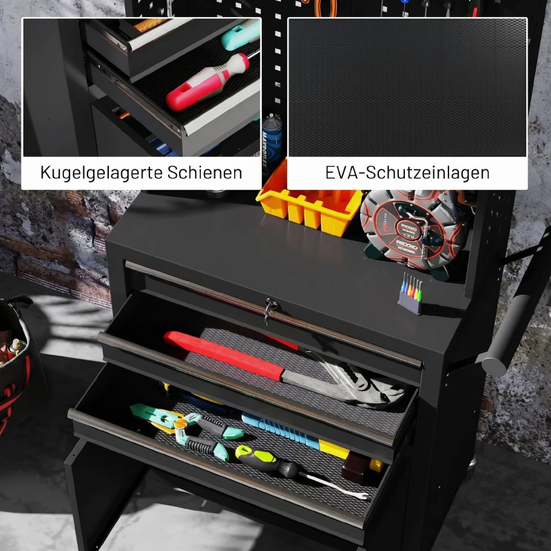 HOMCOM Werkzeugschrank Werkzeugkasten auf Rollen mit Lochplatte, 3 Schubladen für Garage und Werkstatt, Schwarz
