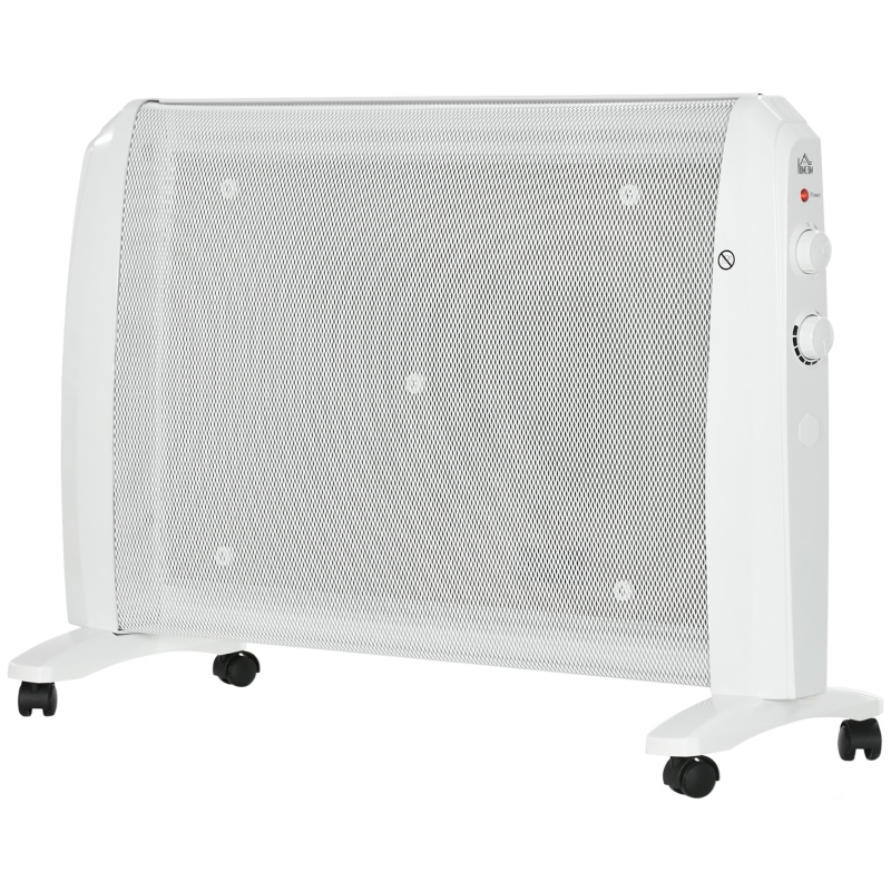 HOMCOM Radiateur électrique à mica 1000W/2000W avec thermostat réglable, 4 roulettes, 15-20 m², Blanc