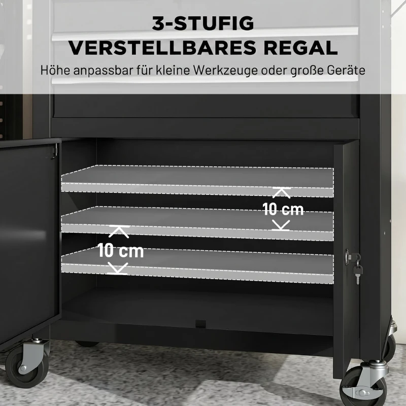 HOMCOM Werkzeugschrank Werkzeugkasten auf Rollen mit Lochplatte, 3 Schubladen für Garage und Werkstatt, Schwarz