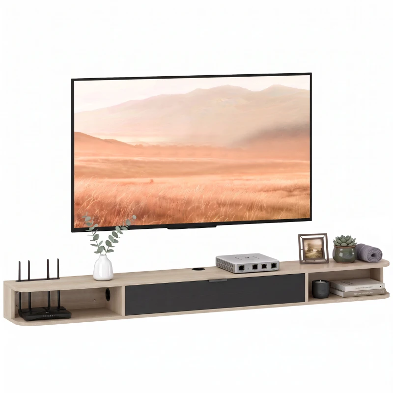 HOMCOM Wandhängendes TV‑Möbel, TV‑Möbel für Fernseher bis zu 190,5 cm, Klappschublade, 2 Regalböden 180x24x16cm natürliche Holzoptik