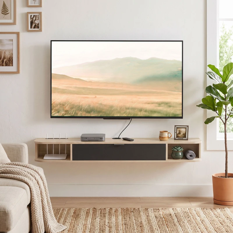 HOMCOM Hängendes TV-Möbel, TV-Möbel für Fernseher bis zu 152,4 cm (60 Zoll), Klappschublade 2 Ablagen 140x24x16cm Naturholz