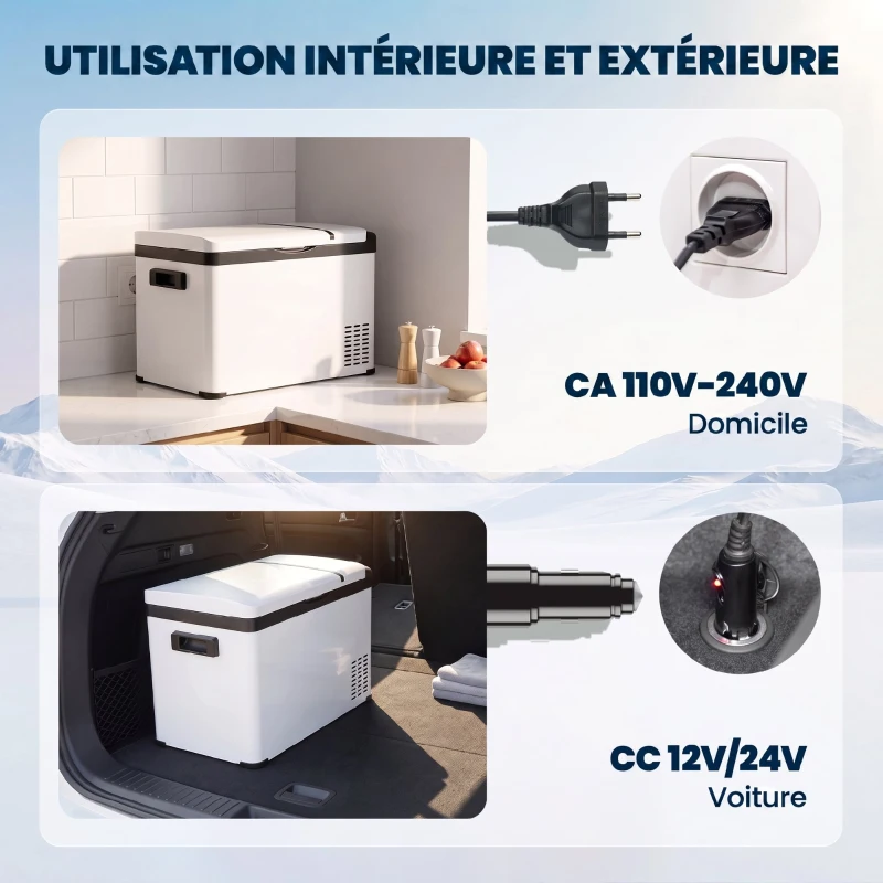 Outsunny Réfrigérateur portable à compression 30 L glacière électrique voiture 12/24V 61 x 32 x 40 cm jusqu'à -22°C blanc