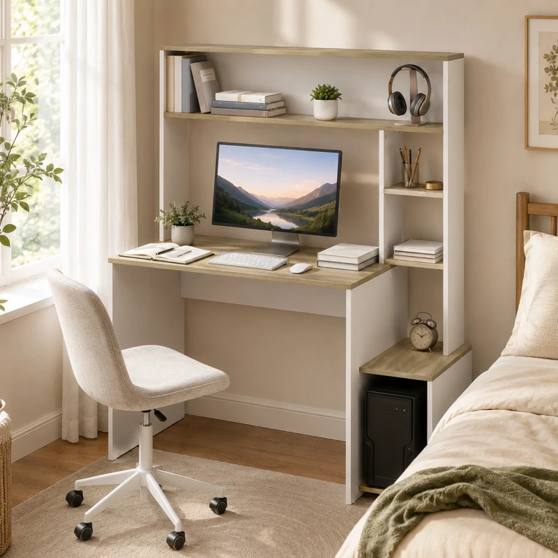 HOMCOM Mesa de Ordenador con Estantes Escritorio con Estanterías Soporte para Monitor CPU 114x45x138 cm Blanco y Natural