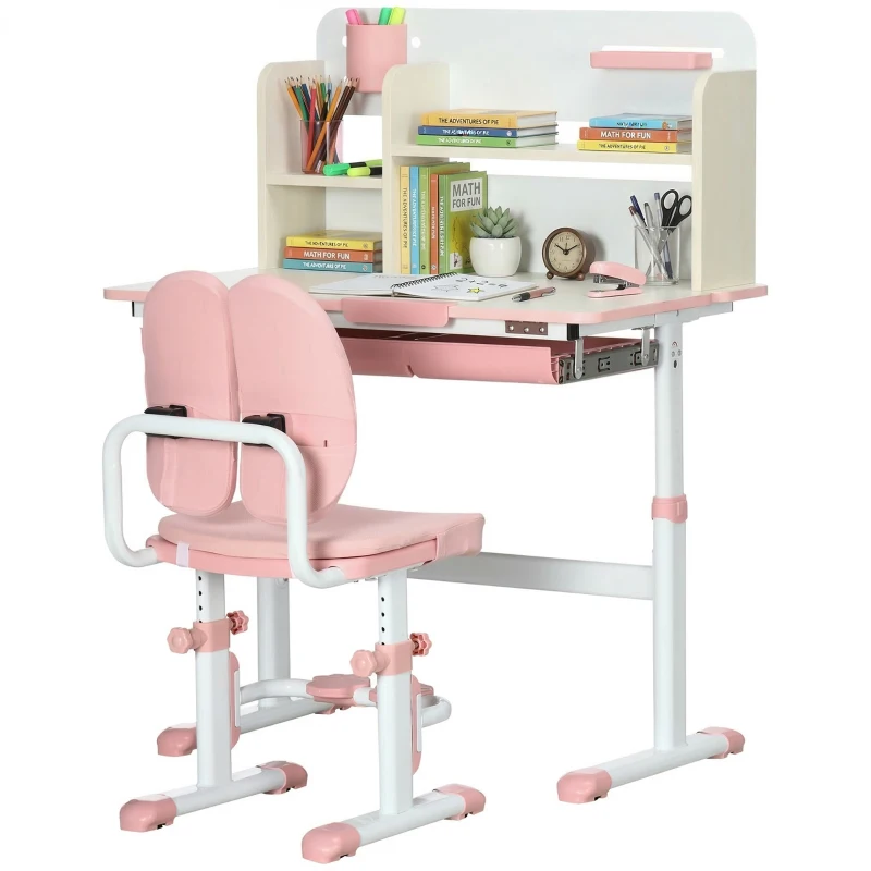 HOMCOM Kids Desk and Chair Set, with Storage Shelves, Washable Cover, for Ages 3-12 Years - Pink