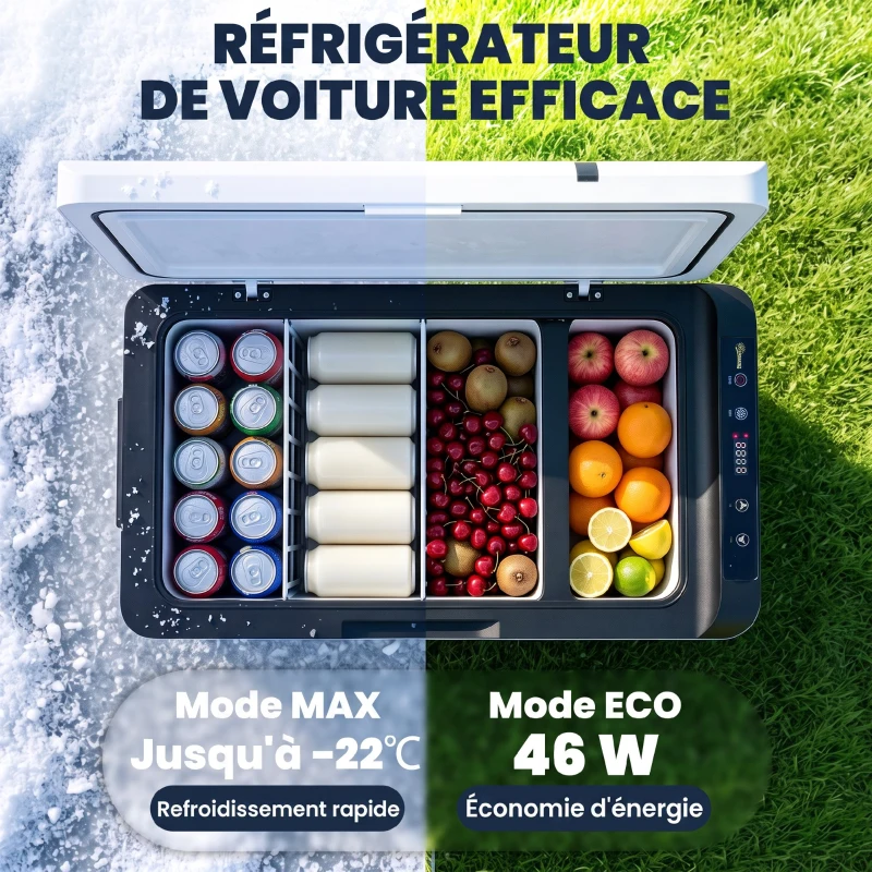 Outsunny Réfrigérateur portable à compression 30 L glacière électrique voiture 12/24V 61 x 32 x 40 cm jusqu'à -22°C blanc