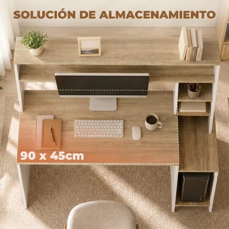 HOMCOM Mesa de Ordenador con Estantes Escritorio con Estanterías Soporte para Monitor CPU 114x45x138 cm Blanco y Natural